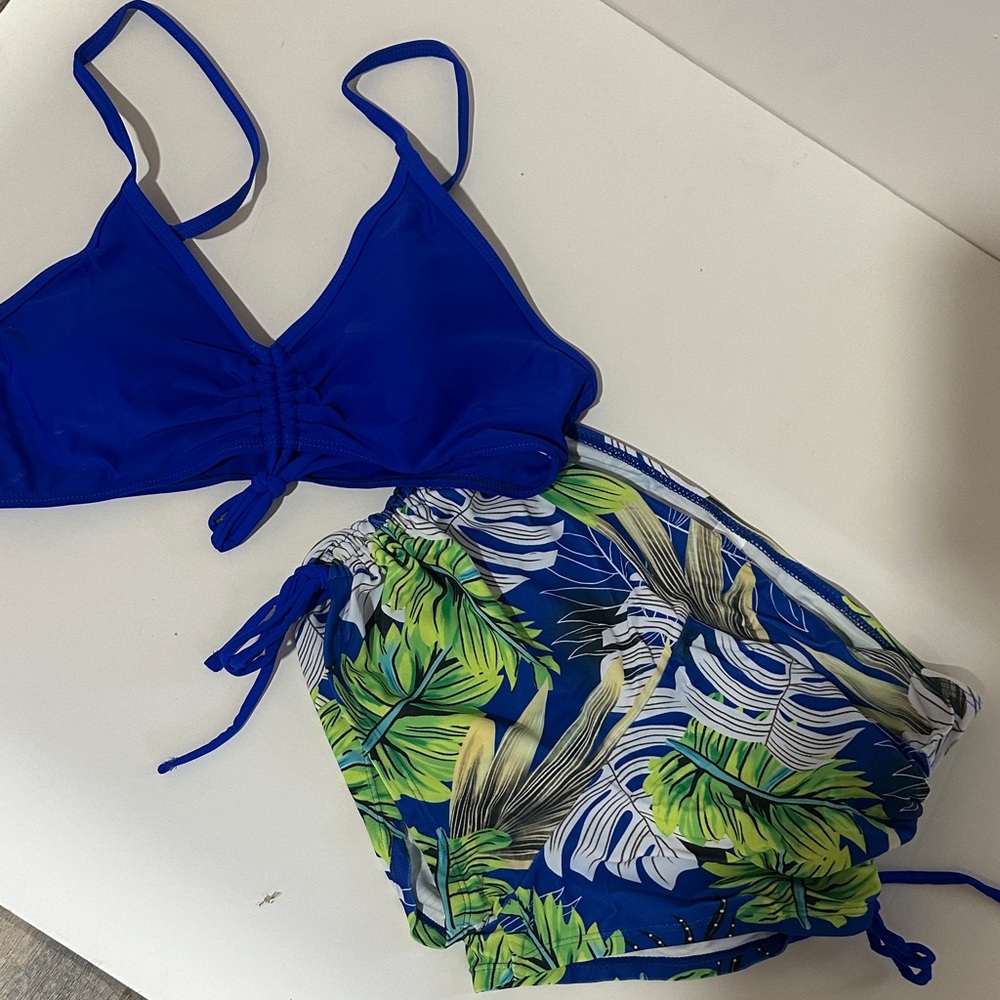 Blue Bikini Top and Tropical Print swim Shorts